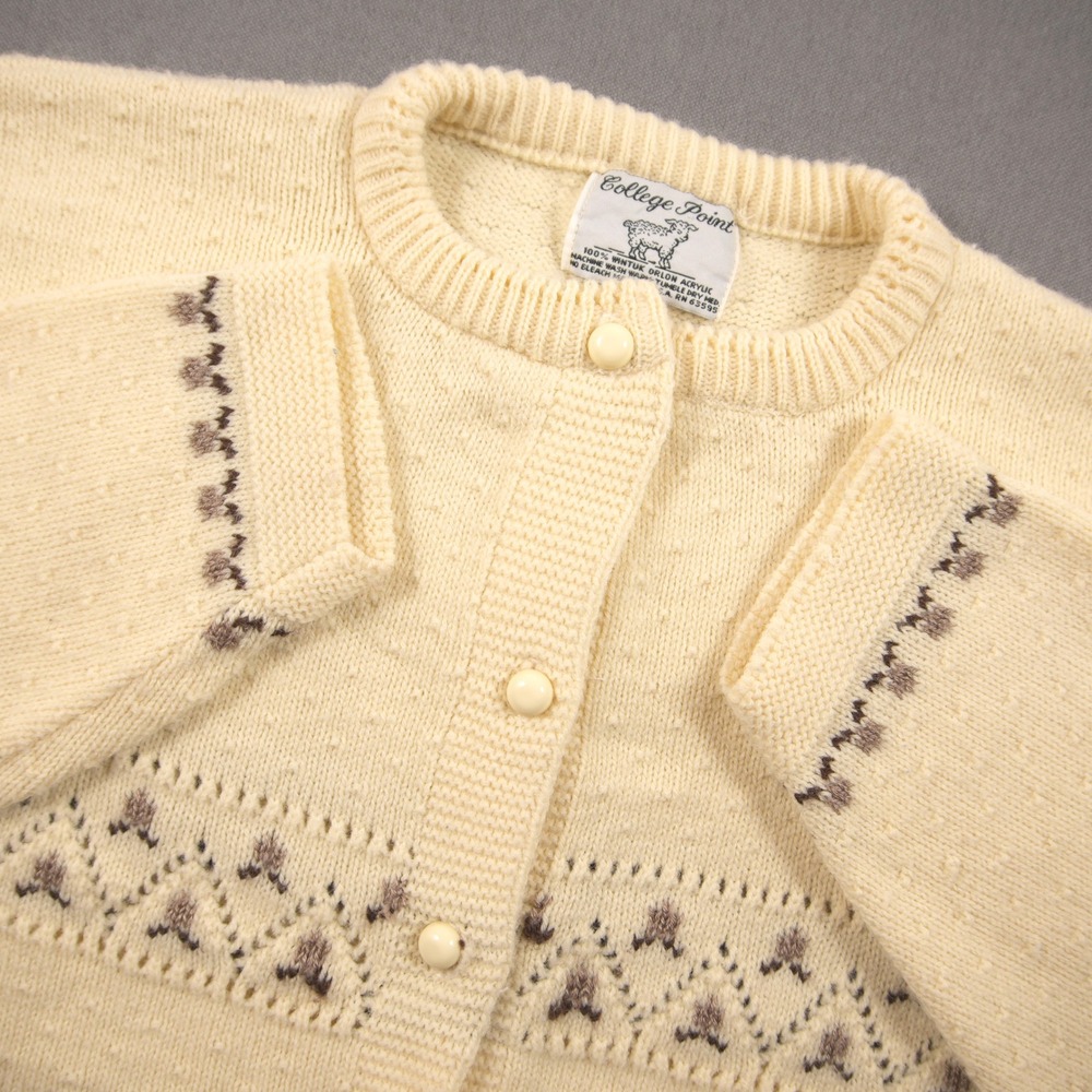 Vintage 70s USA Pointelle Fair Isle Knit Wool Women Cardigan L Sweater Coatal